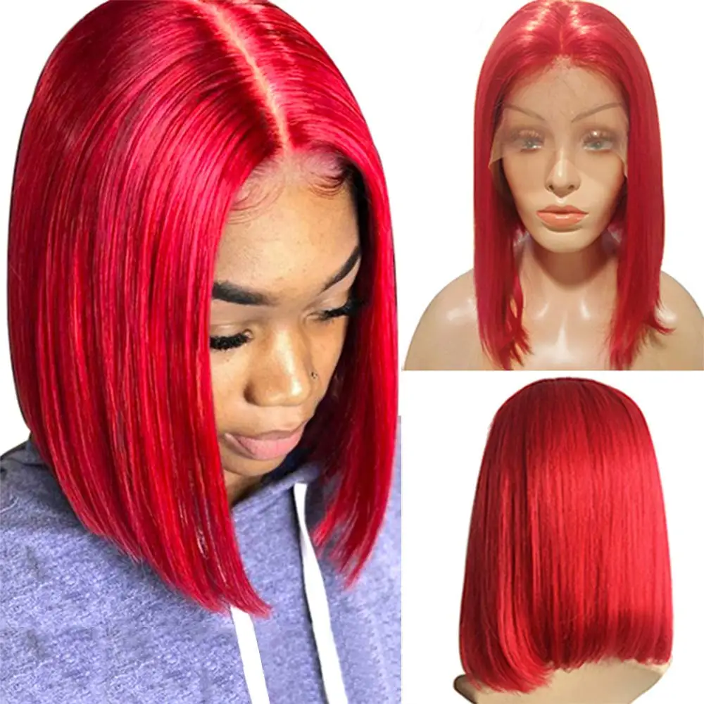 SSH Red Short Bob 13*1 Lace Front Human Hair Wigs For Women Brazilian Transparent Human Hair Wig Straight Colored Remy Hair