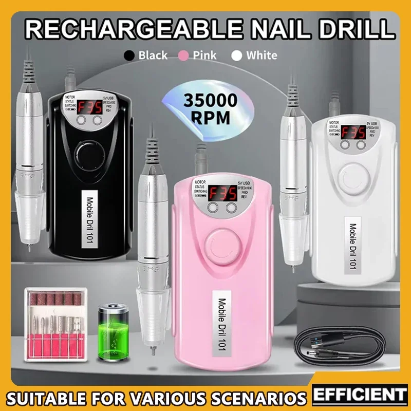 

Professional Nail Drill Machine 35000RPM Low Noise Rechargeable Electric Manicure with Polishing Sander for Nail Art