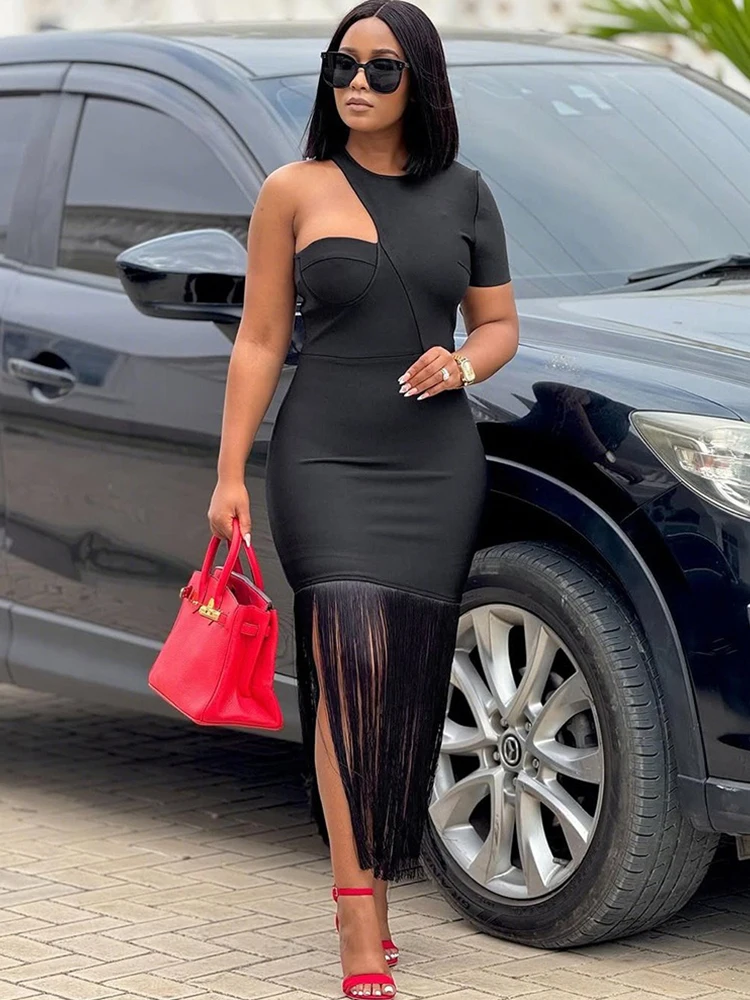 One Shoulder Dresses for Woman Elegant Summer Long Dressed in Tassels Skinny Female Sexy Dress Wholesale Dropshipping