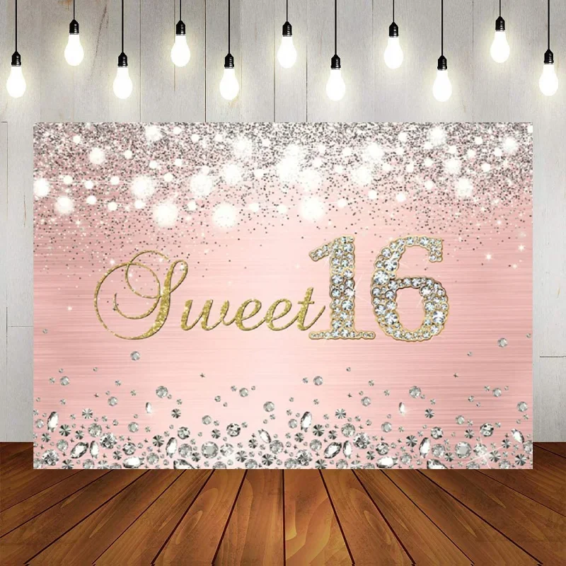 

Rose Gold Happy 16th Birthday Background Bokeh Glitter Silver Diamonds And Pink Spots Photography Cake Table Banner Decoration