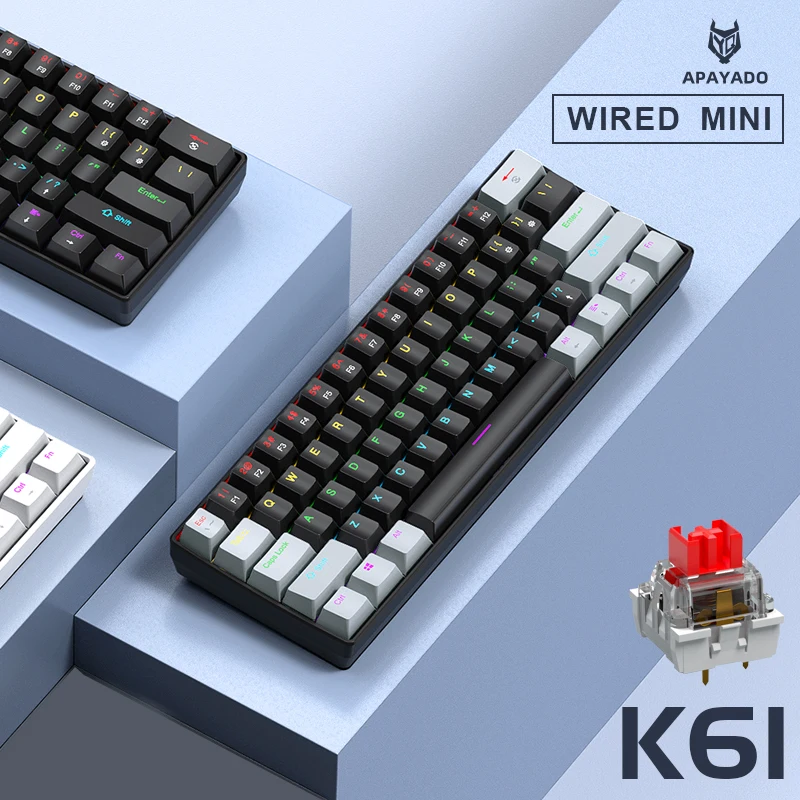 60% Portable Mini Keyboard APAYADO K61 Mechanical Keyboard Wired, 61 Keys RGB Black,White, Red/Blue Switch for Gaming