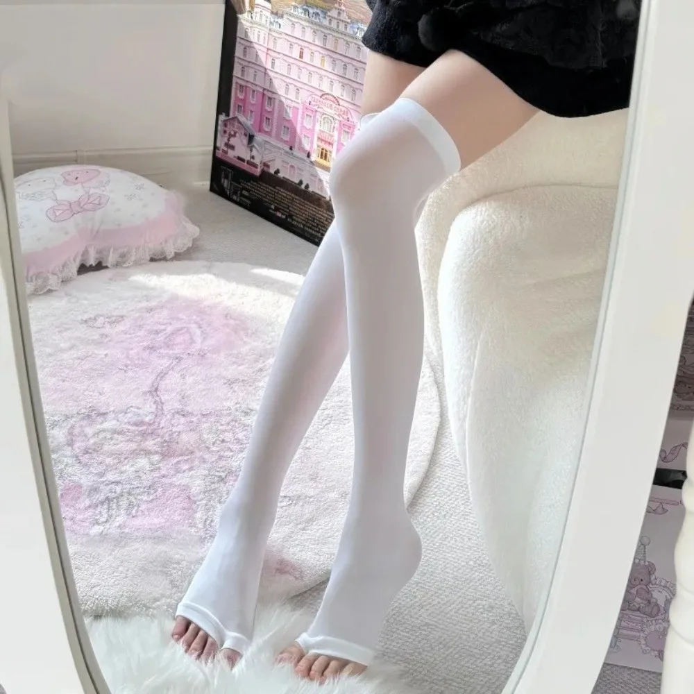 1 Pair Solid Color Sheer Stockings Knee High To Thigh High Elastic Knee High Socks Fish Mouth Design Breathable