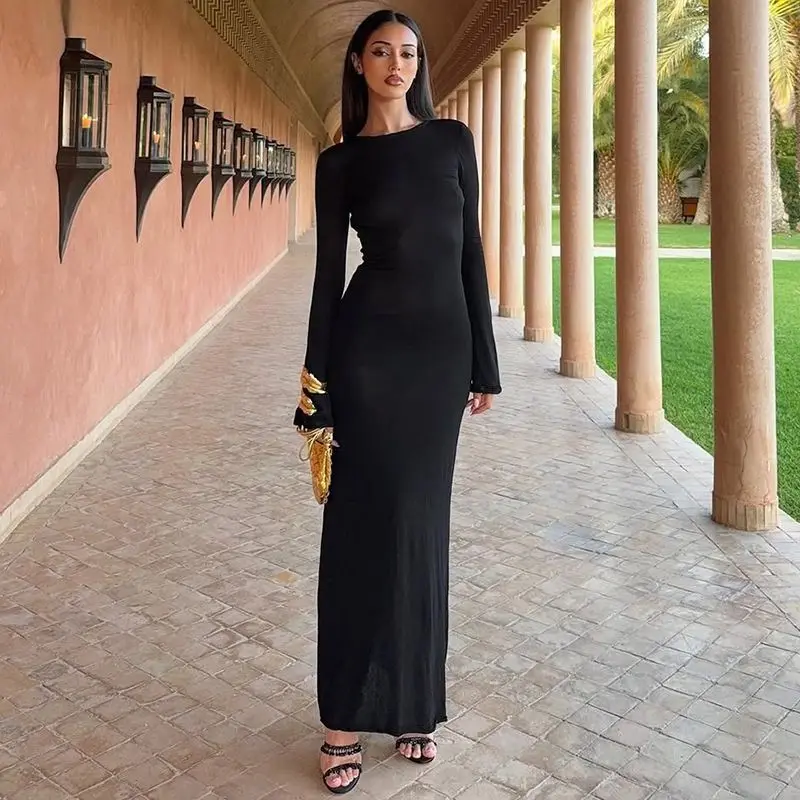 Cryptographic Elegant Fashion Strapless Sheer Maxi Dress Women Birthday Party Outfits Sexy Backless Long Sleeve Black Dresses