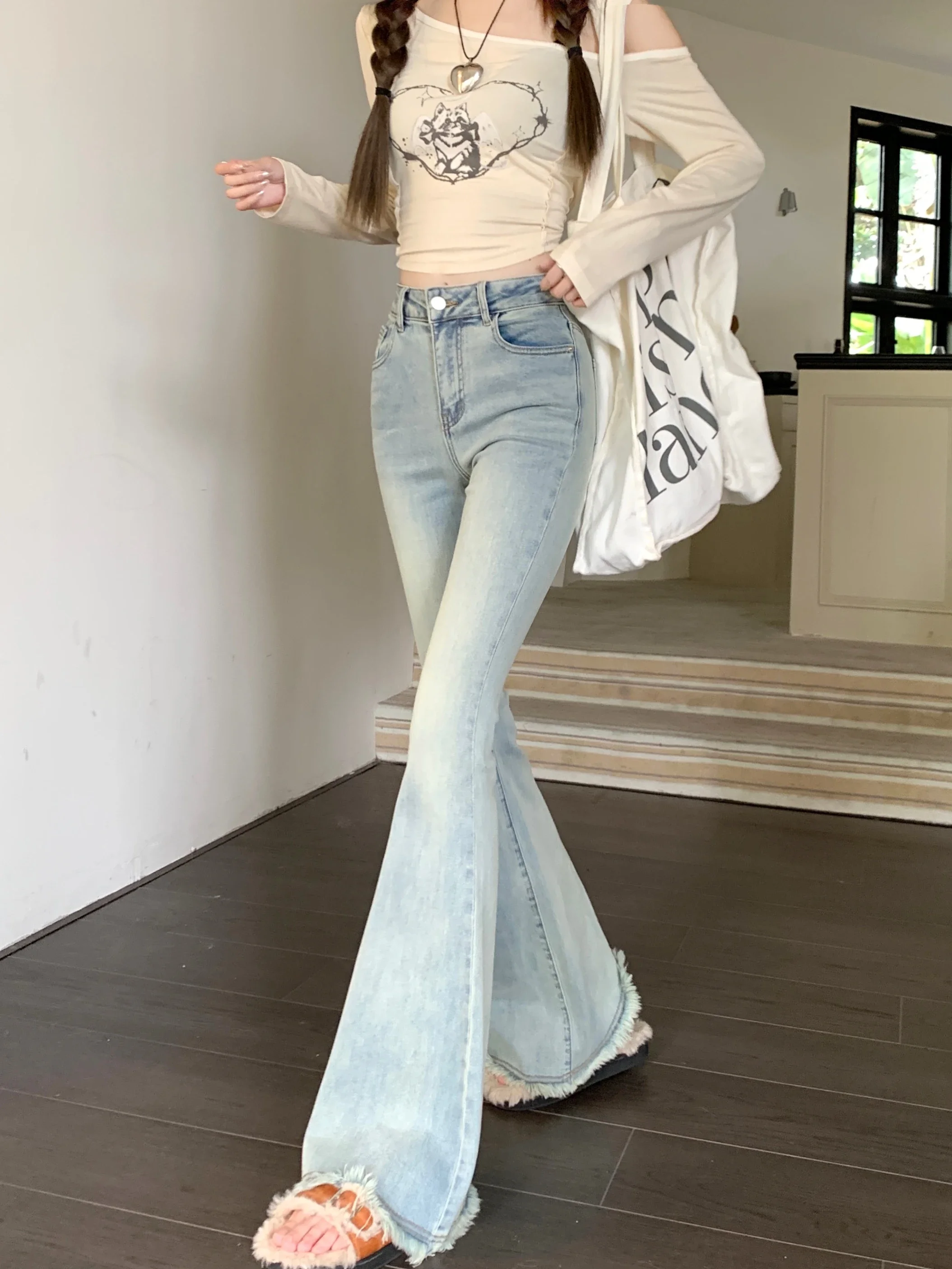 

Women's Bootcut Flare Denin Jeans Raw Hem,Stretch High Waisted Elegant Slim Curvy Strtchy Jean Bell Bottom,korean y2k clothing