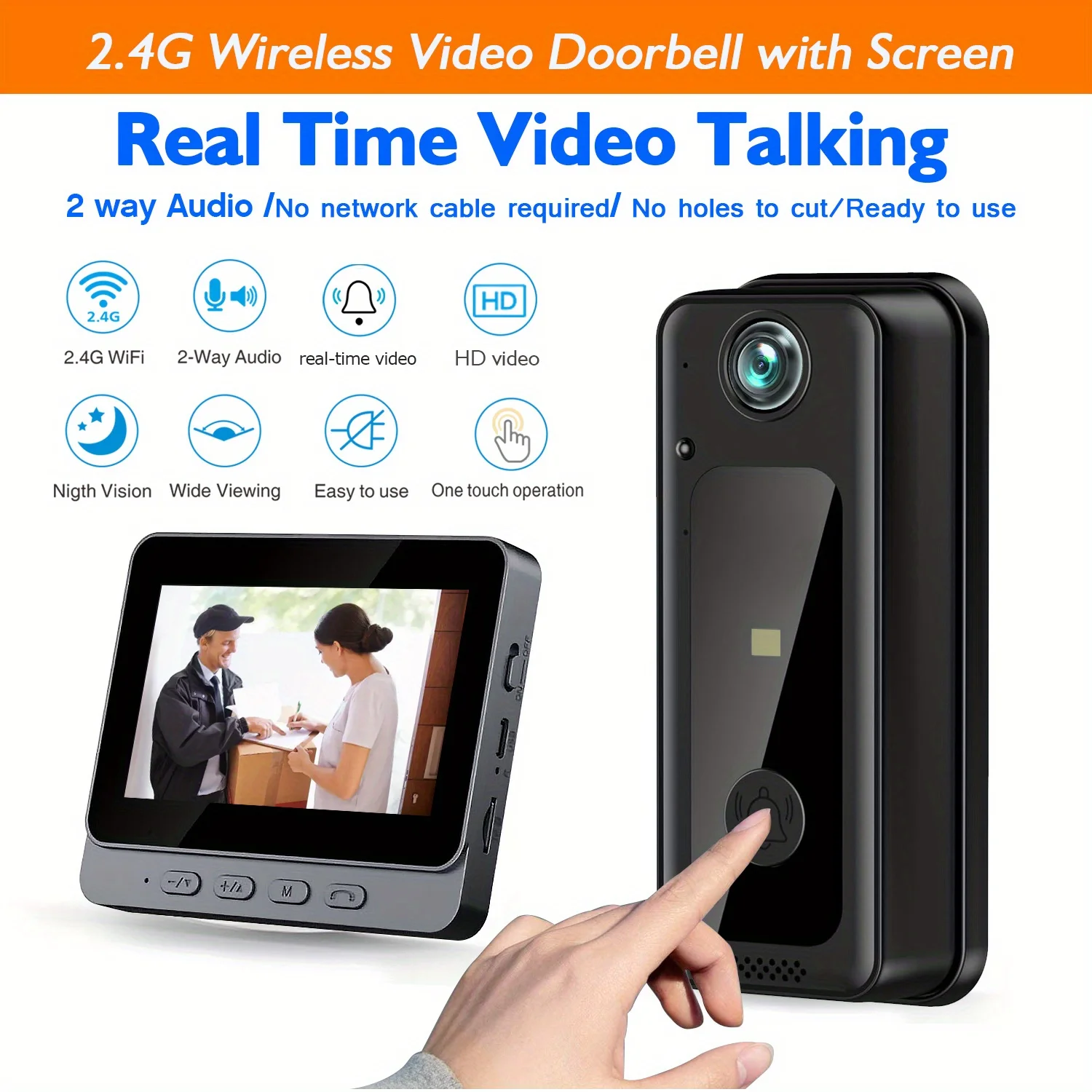 

Doorbell Camera Wifi Video Doorbell Smart Home Wireless Battery-Powered Video Doorbell 4.3 Inch Screen Real Time Indoor Monitor