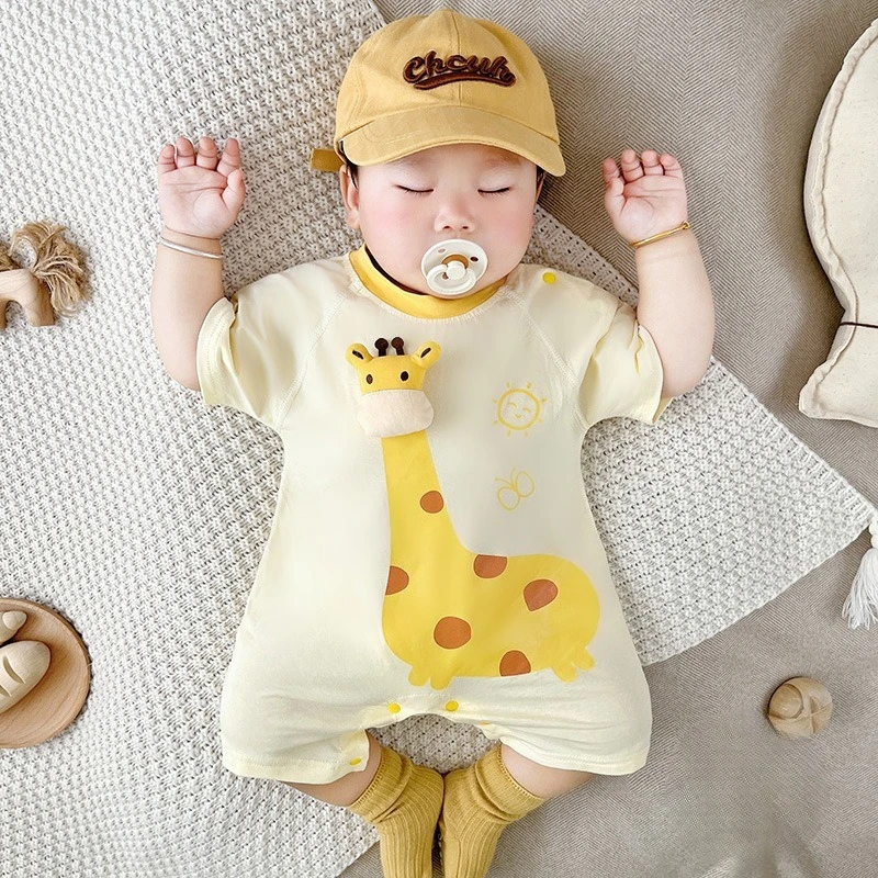 

Новый летний тонкий комбинезон для маленьких мальчиков и девочек с 3D принтом жирафа, повседневный комбинезон с короткими рукавами и круглым воротником, наряд для новорожденных S8017
