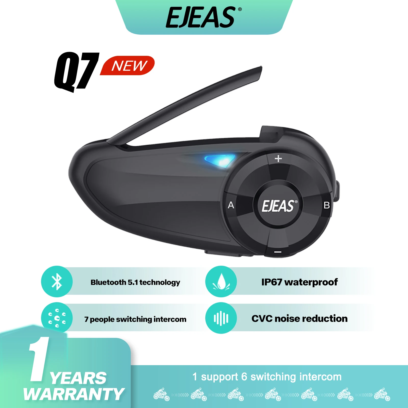 1/2Pcs Updated Type-C EJEAS Q7 Motorcycle Helmet Bluetooth Intercom For 2 Riders 800M Real-time Interphone Music Sharing IP67