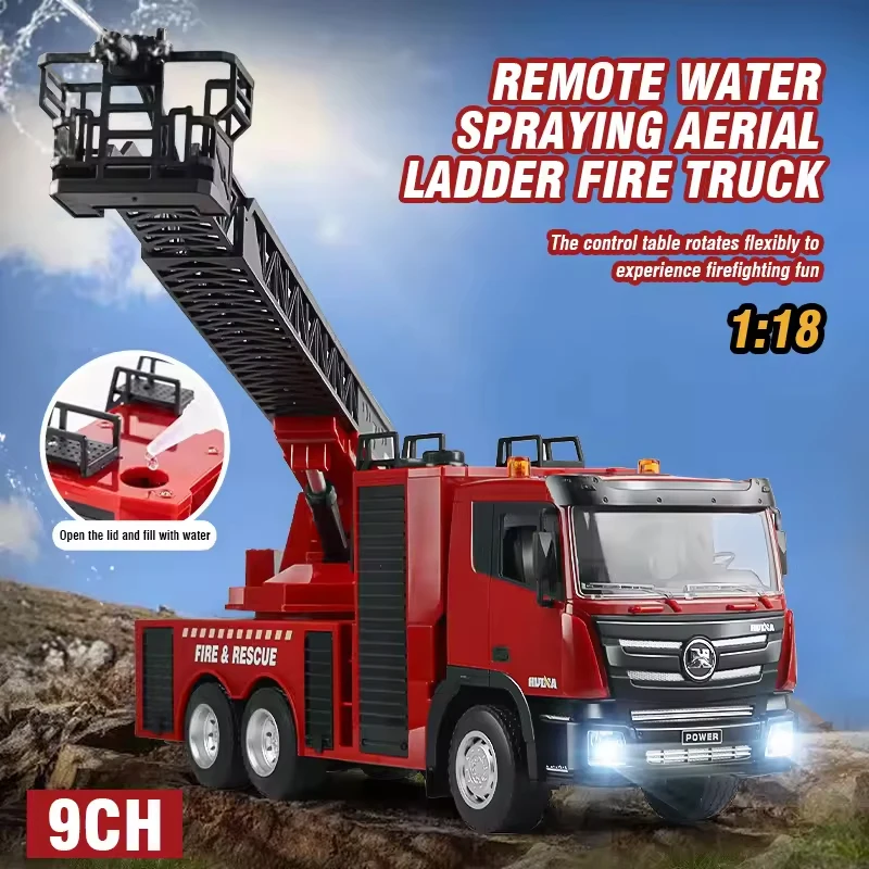 Huina 1361 1/18 Simulation Fire Rescue Ladder Truck Model 2.4GHz Remote Control Ladder Fire Truck Engineering Toys with LED Ligh