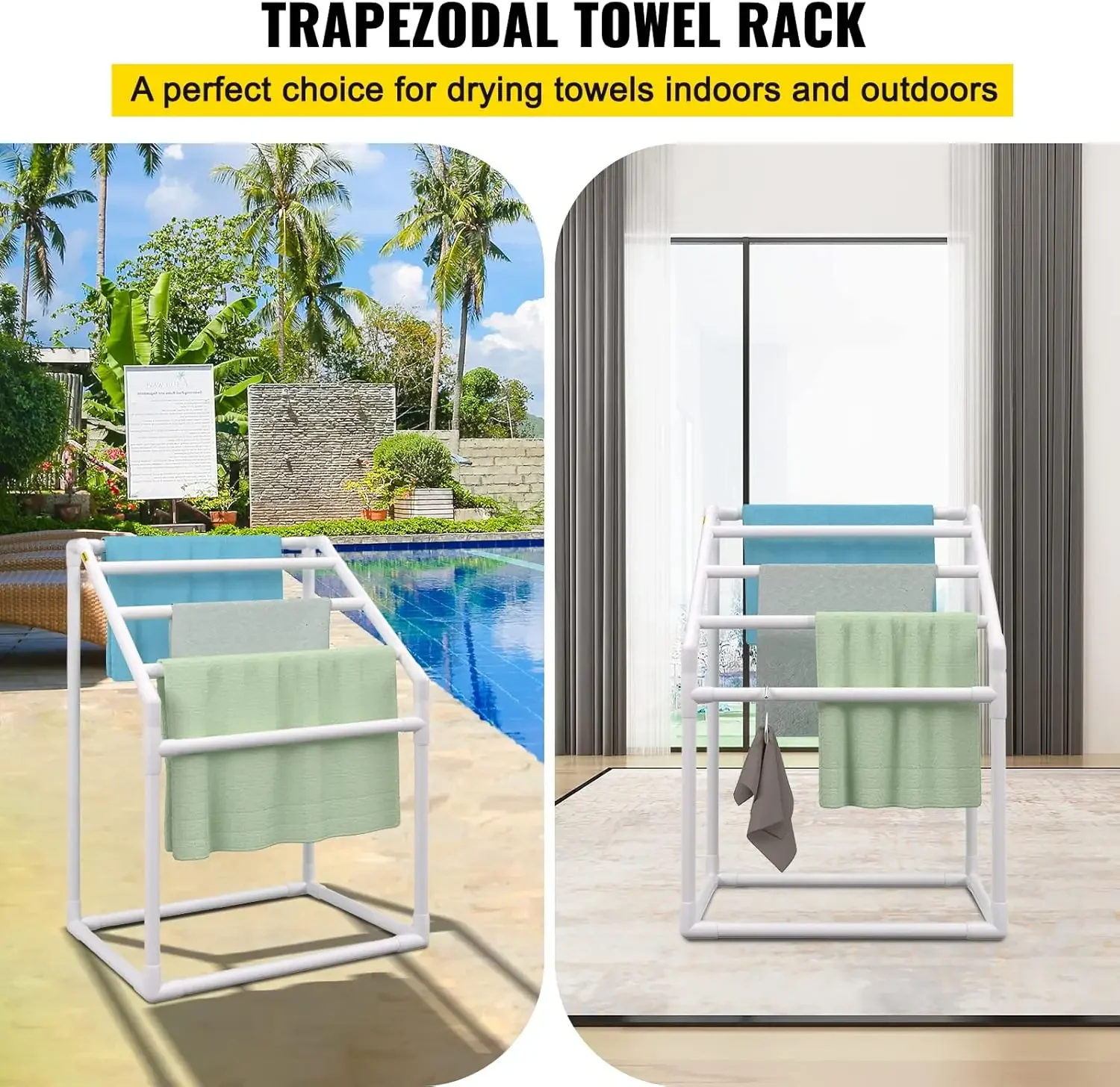 Pool Towel Rack, 5 Bar, White, Freestanding Outdoor PVC Trapedozal Poolside Storage Organizer, Include 8 Towel Clips