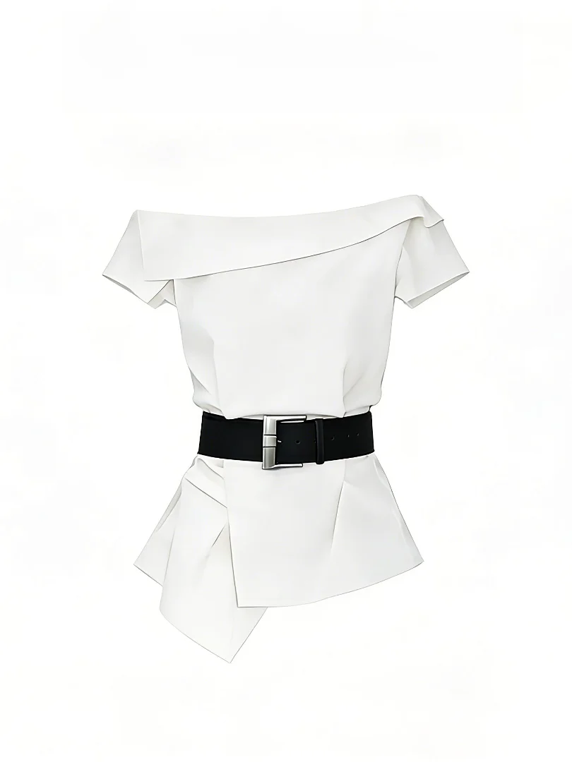 

Stylish White One-Shoulder Waist-Cinching Women's Shirt Trendy Age-Defying Elegance Fashionable Top Quality Ladies' Blouse