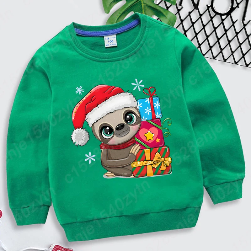 New Christmas Sloth Print Sweatshirt For Children Autumn And Winter Casual Sports Boys Girls Round Neck Hoodeless Pullovers Tops