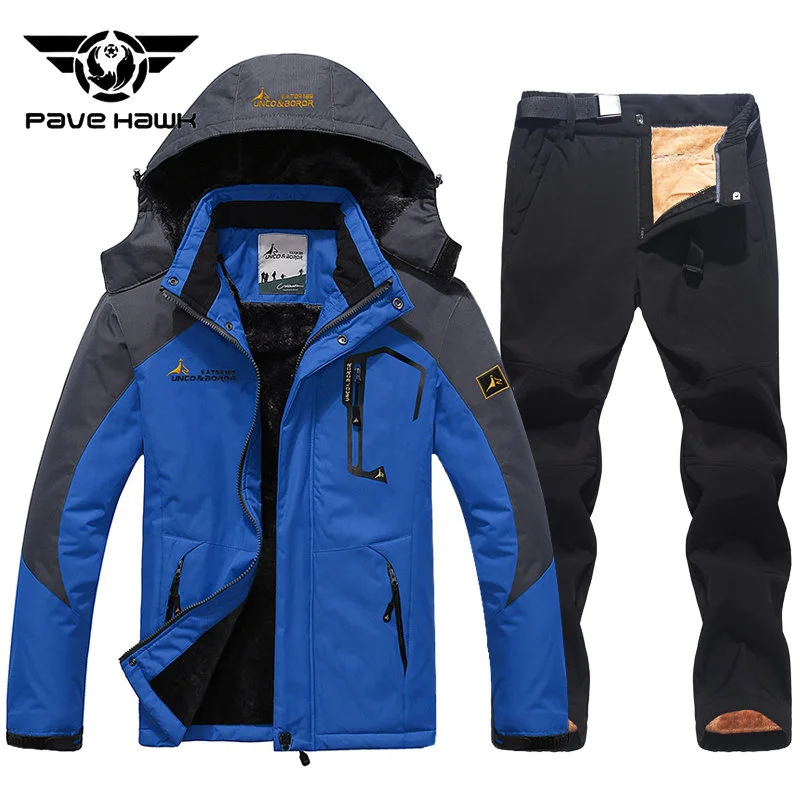 Winter Ski Suit Men Thickening Warm Waterproof Windproof Hooded Jacket Pants Fleece Outdoor Mountain Snowboard wear Set