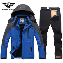 Traje de esquí de invierno para hombres, conjunto de ropa de Snowboard de montaña, forro polar, cálido, impermeable, a prueba de viento, chaqueta con capucha, pantalones, al aire libre