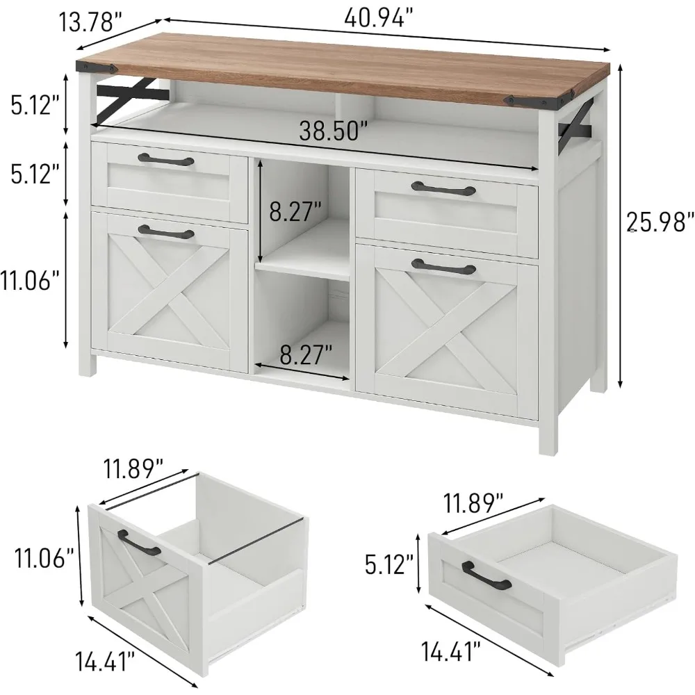 Farmhouse Filing Cabinet, Lateral Four Drawer Design, Adjustable Shelf With Open Storage, For Home Office Organization
