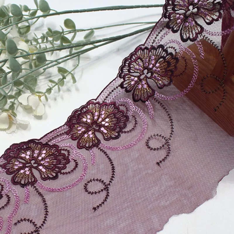 

29 ярдов фиолетового сетчатого кружева с вышивкой и блестящей металлической нитью, цветочная вышитая отделка для нижнего белья и одежды