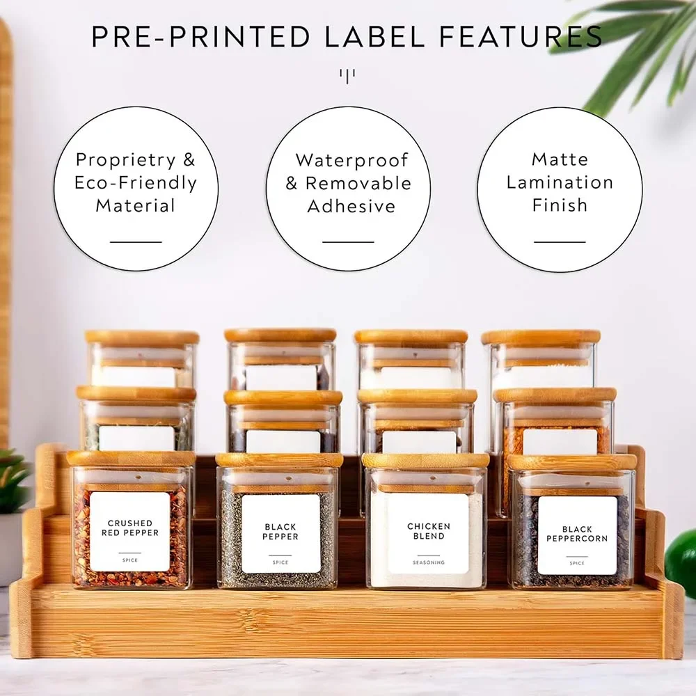 5oz Glass Jars Set with Spice Labels,Square Spice Jars with Bamboo Lids/Sticker Labels, Food Storage Container Canisters