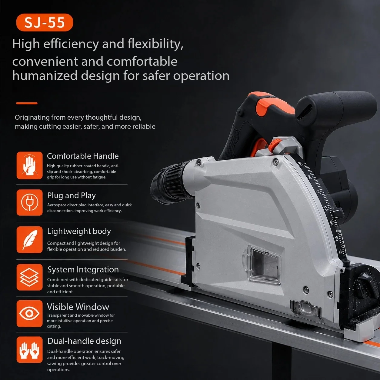 110V SJ-55 Brushless Track Saw 2KW 55mm Depth 6470RPM 6-Speed Plunge Saw for Wood Aluminum Plastic Dust Free with Quick Safety
