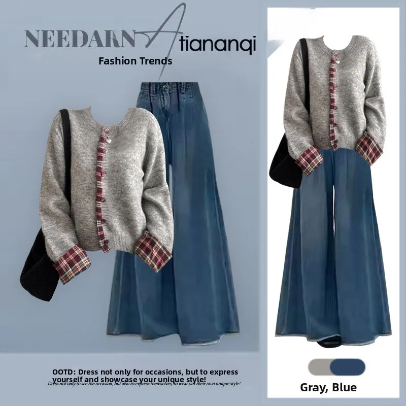 

Faionable Knitted Sweater And High Waist Jeans Two Piece Set for Women Autumn Winter Plaid Design College Sle Outfit