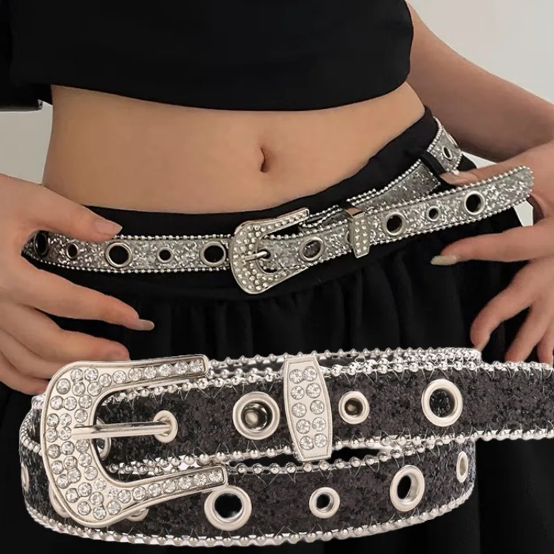 

Rhinestone Leather Belt for Women Y2K Hip Hop Western Denim Shiny Rivet Design Bling Crystal Adjustable Unisex Glitter Waistband