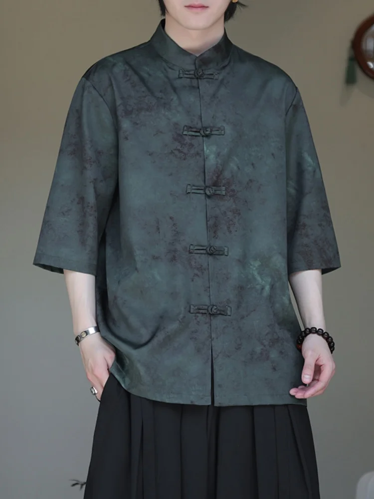 

Loose Fit Floral Print Short Sleeve Men's Shirt Stand Collar Button up Chinese Style Summer Breathable Outerwear Coat