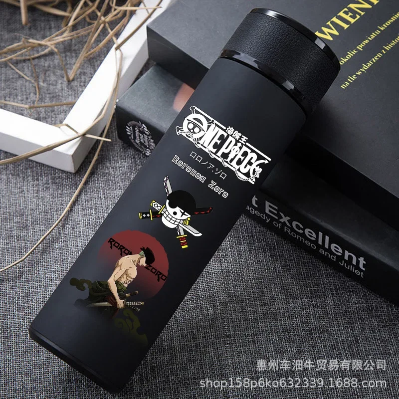 Japan Anime One Piece 304 Stainless Steel Thermos Cup Cartoon Pattern Luffy Roronoa Zoro Action Figure High Capacity Water Cup