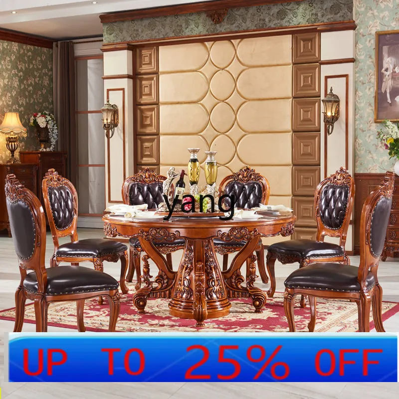 

LMM marble round table, solid wood carving flower red brown dining table painted gold rotating round table