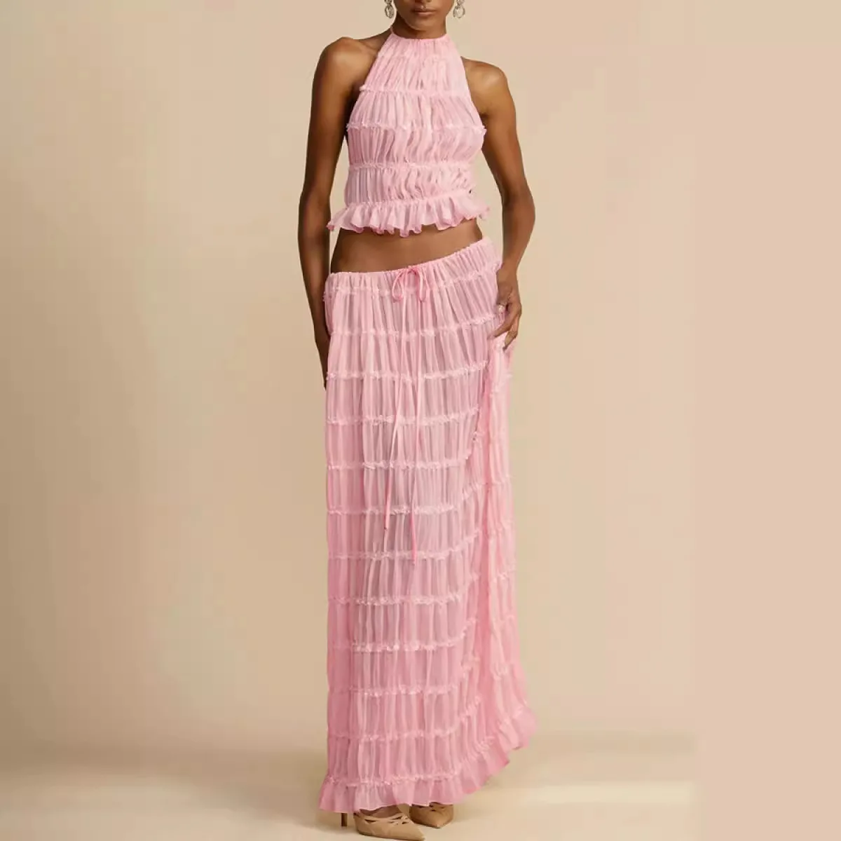 Women fashionable casual long skirt sexy sleeveless backless backless top high waist skirt women chic beach vacation suit skirt