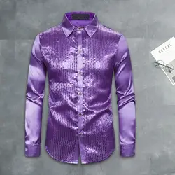 Men Long Sleeve Sequin Shirt Vibrant Sequin Lapel Men's Dance Shirt Slim Fit Colorful Stripe Long Sleeve Performance for Club
