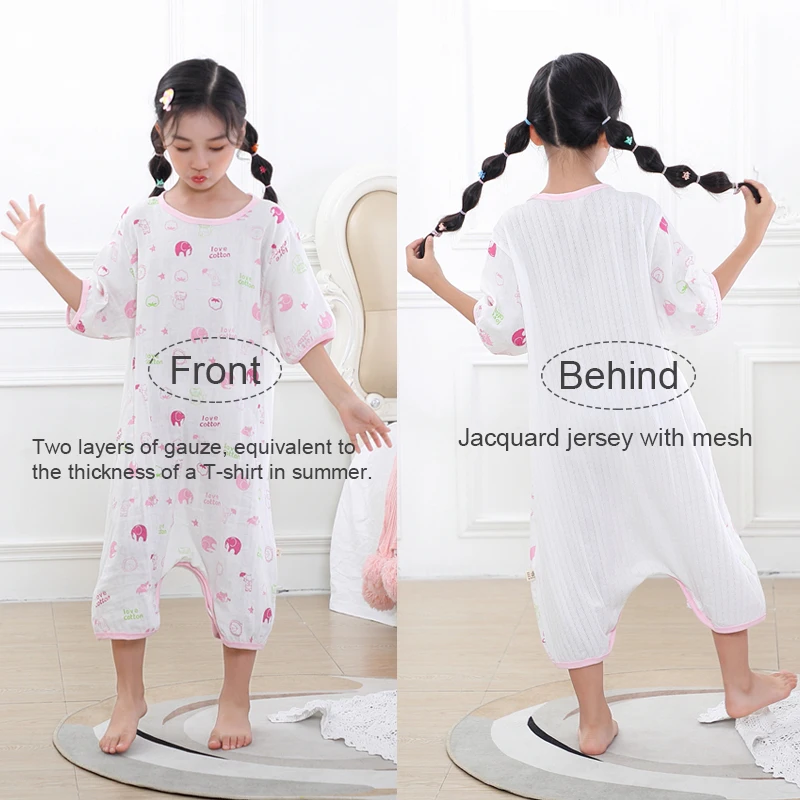 Summer Cartoon Gauze Split Leg Sleepsack Children's jumpsuit pajamas Short Sleeve ShortsTemperature 30℃