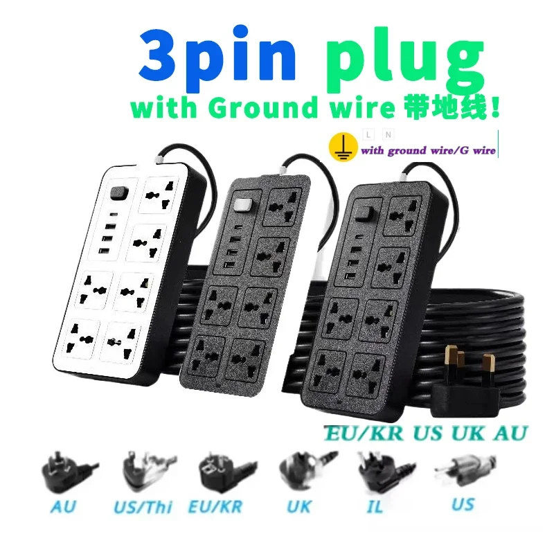 Multi Power Strip Extension Socket EU US AU UK SG Plug 2100W 13A with USB Typec AC110~220V 6 Outlets Table Power Electric Board