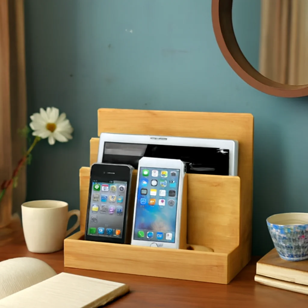 

Простая подставка для зарядки телефона, офисный настольный органайзер, многослойные разделители, большая емкость, натуральный бамбук, прочный и долговечный