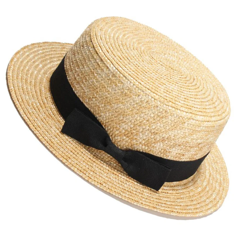 Natural Wheat Straw Flat Top Boater Hat Women UPF50+ Sun Protection Bow Accent Beach Wedding Resort Summer Sun Hat