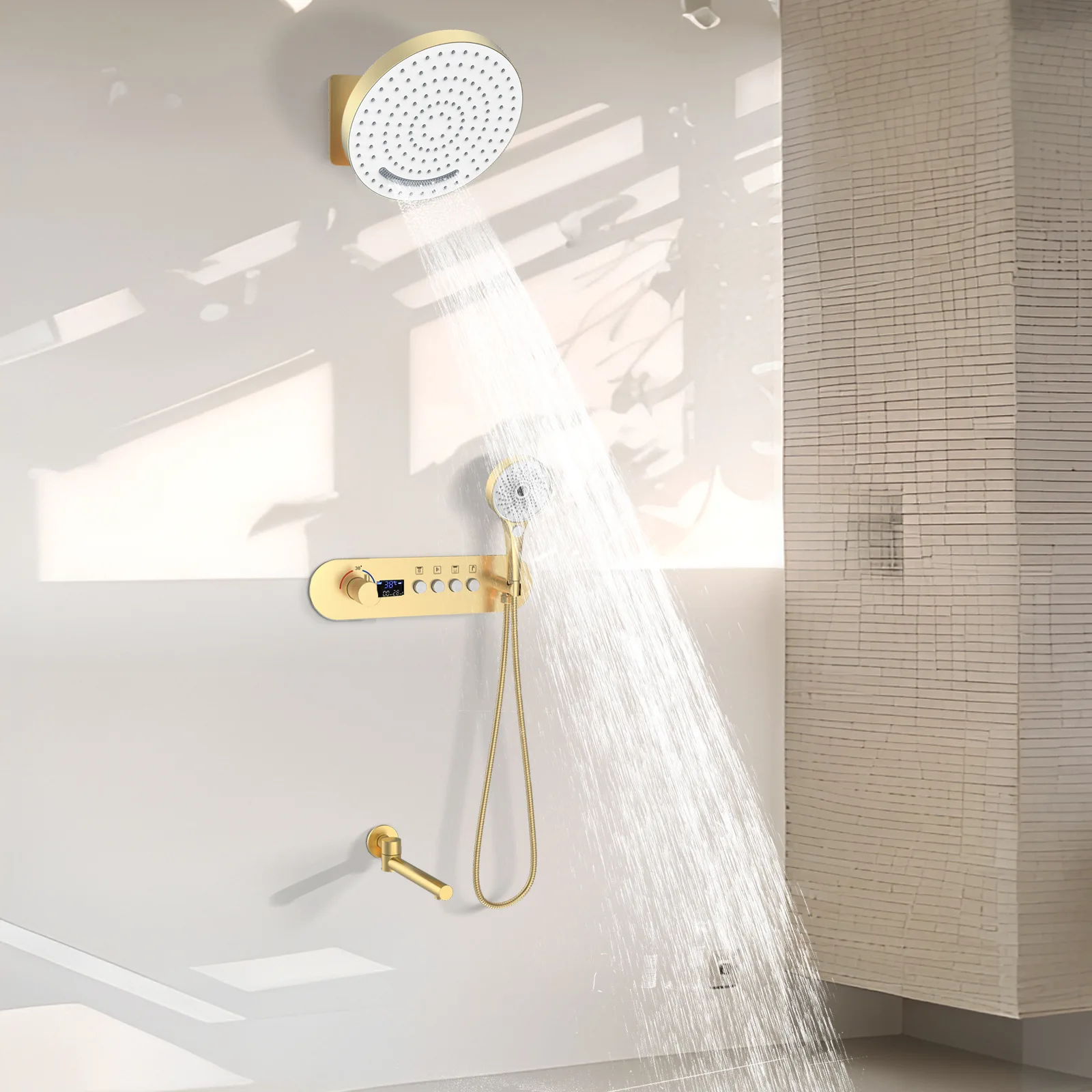 Brushed gold wall type concealed shower set, full set of digital display constant temperature shower shower