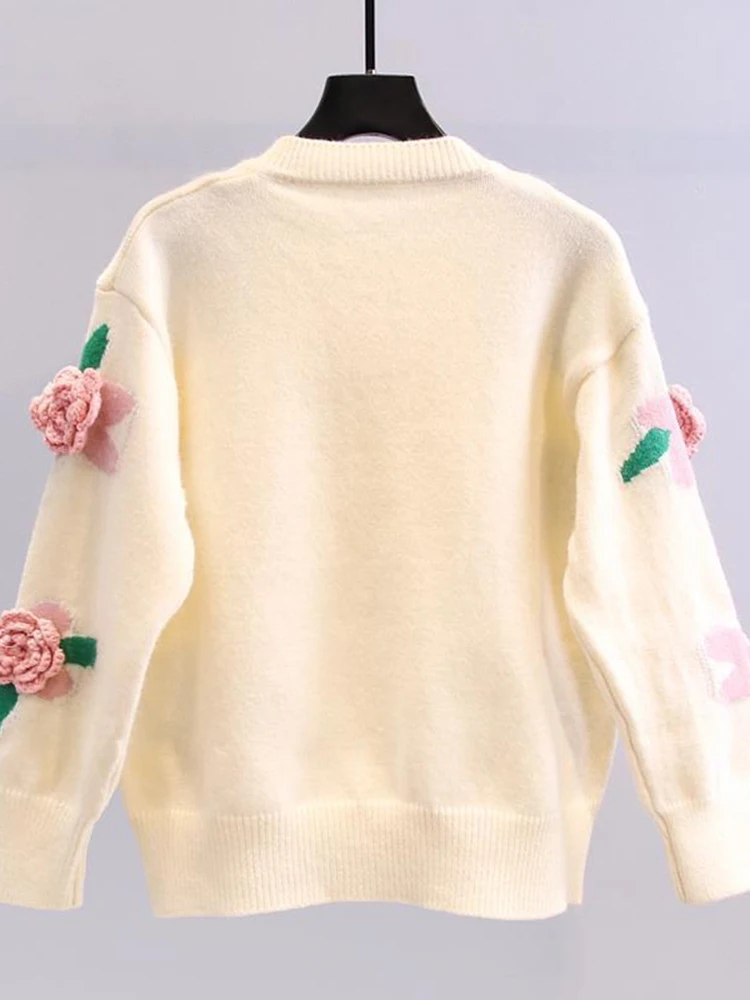 LANMREM wersja koreańska trójwymiarowy kwiatowy sweter dziergany sweter dla kobiet wokół szyi jednorzędowy elegancki top 2DA8300
