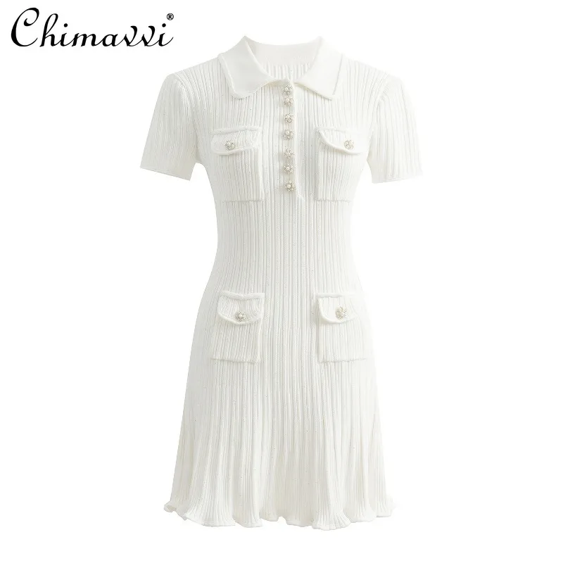 

New Solid Color Classic White Knitted Waist Thin Diamond Thread A Line Dress Women
