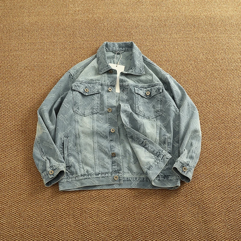 

Premium Distressed Washed Jacquard Denim Jacket for Men - American-style Casual Workwear Spring Autumn Plus Size