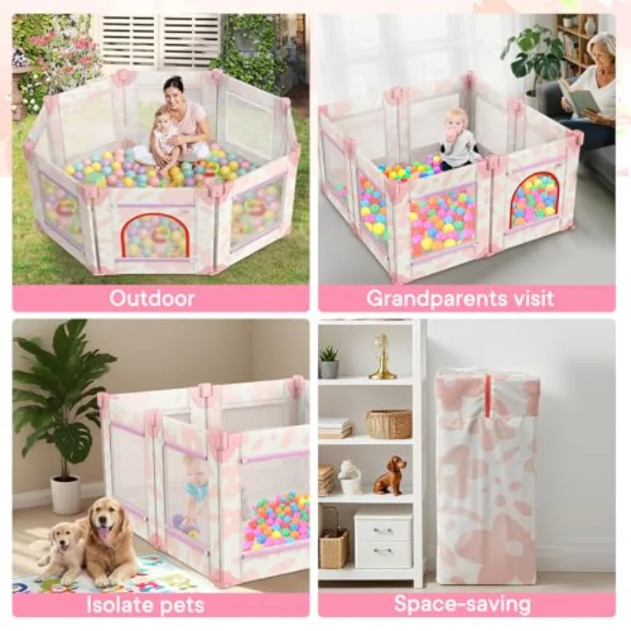 روضة أطفال، قلم لعب 50 × 50 بوصة للأطفال الرضع والأطفال الصغار مع شبكة مسامية، لعب مع بوابة (زهور وردية، حصيرة غير متضمنة) #6