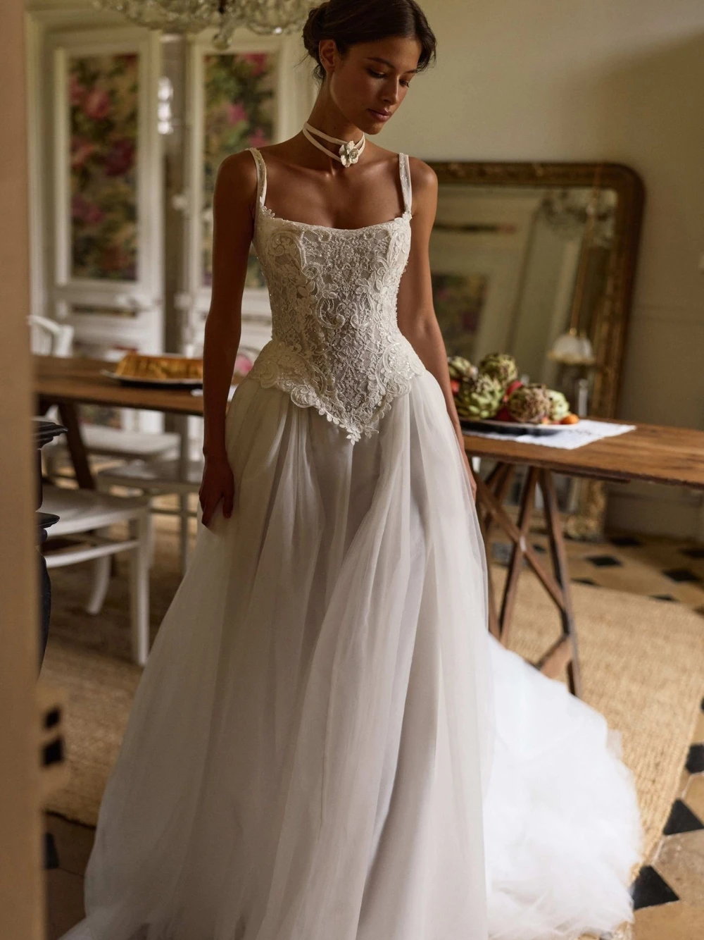 Romantic Light Tulle A Line Wedding Dress Vintage Lace Customized Square Neck Bridal Gown For Bride Ceremony New Arrival