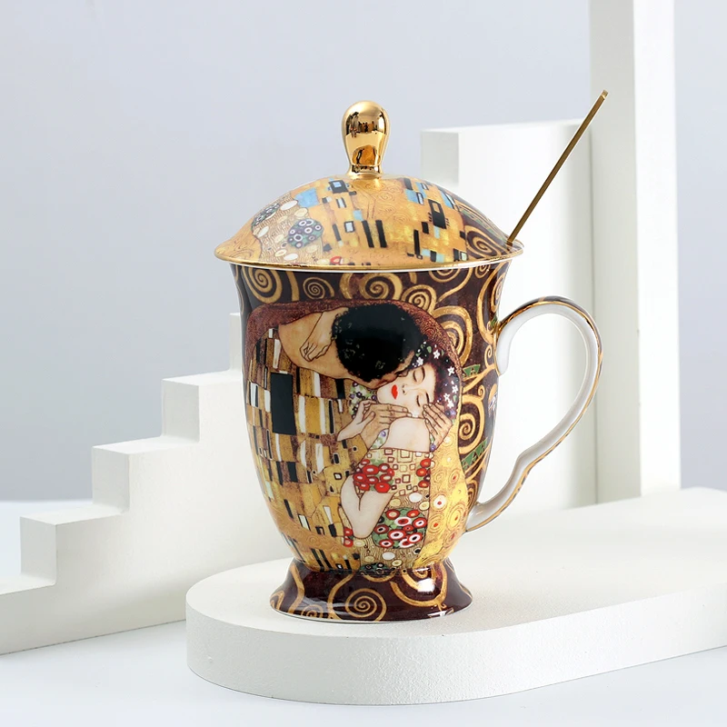 Coffee Cup with Lid and Spoon Bone Ancient Chinese Klimt Painting Tea Cup Coffee Cup with Lid