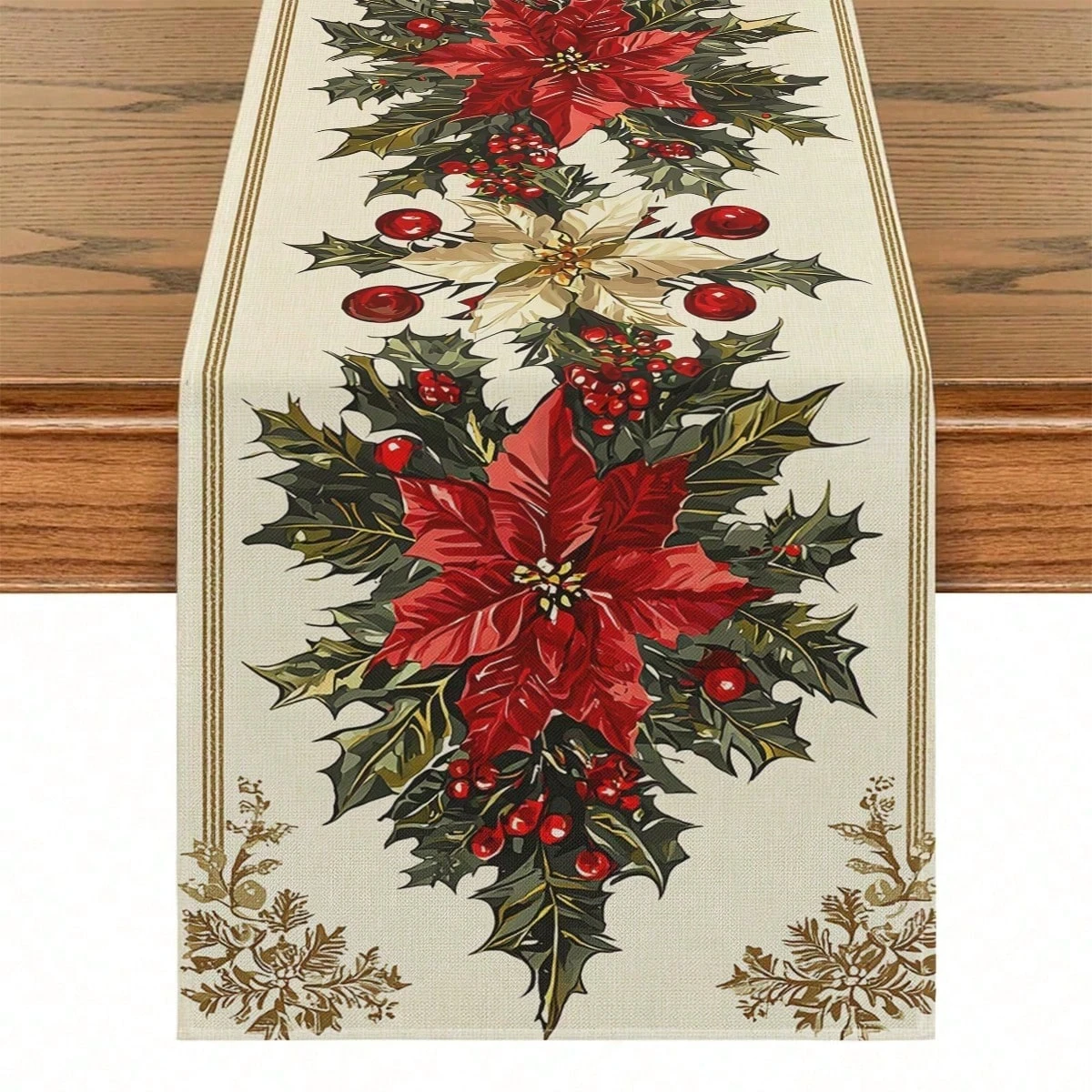 Weihnachts-Tischläufer, Weihnachtsstern, Holly Berry-Muster, Vintage-Stil, festliche Weihnachtsdekoration für Esstisch, Urlaubsdekoration