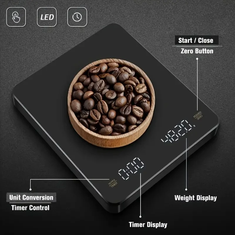 

D2 Digital Rechargable Coffee Scale with Timer LED Screen Espresso USB 3kg Weighing 0.1g High Precision Measures Kitchen Scale