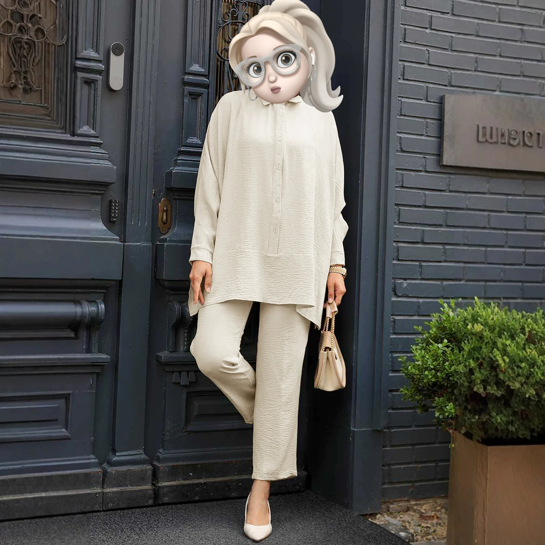 Comfortable Loose Middle East Sle Batwing Sve irt And Pants Set Long Sve Button up Faionable Women's Ensemble