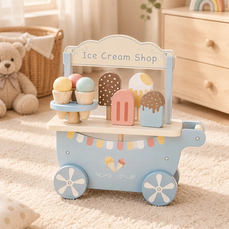Wooden Ice Cream Cart Pretend Play Toy,Kids Simulation Sweet Cone Shop Playset,Toddler Interactive Role Play Ice Cream Truck Toy
