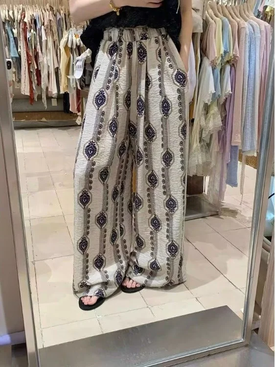 n Sle High Waist Wide Leg Pants Women's Loose Casual Trousers Summer 2025 Print Vaion Feel Loose Fit Long Trousers