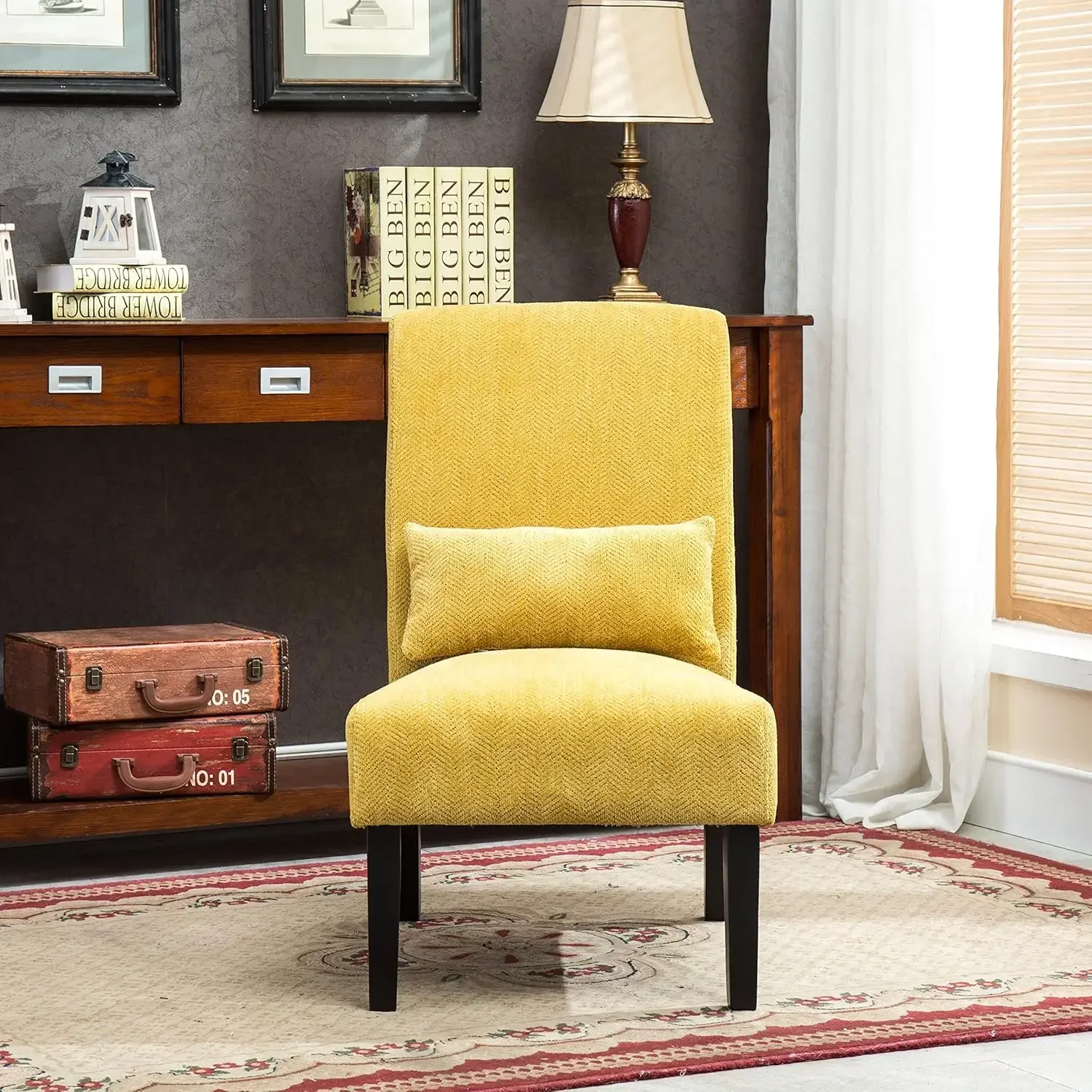 Yellow Pisano Chenille Fabric Armless Contemporary Accent Chair with Matching Kidney Pillow