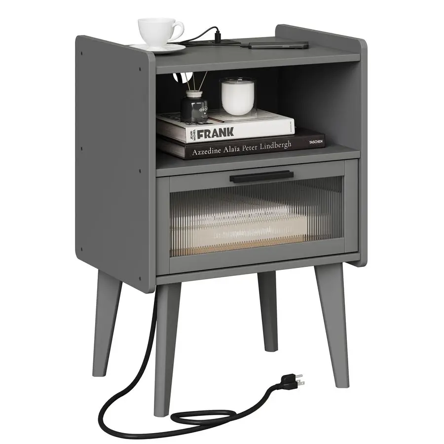 

Прикроватный столик с зарядной станцией, серый, с 2 ярусами для хранения, для спальни и гостиной CAMLBZ07ZE