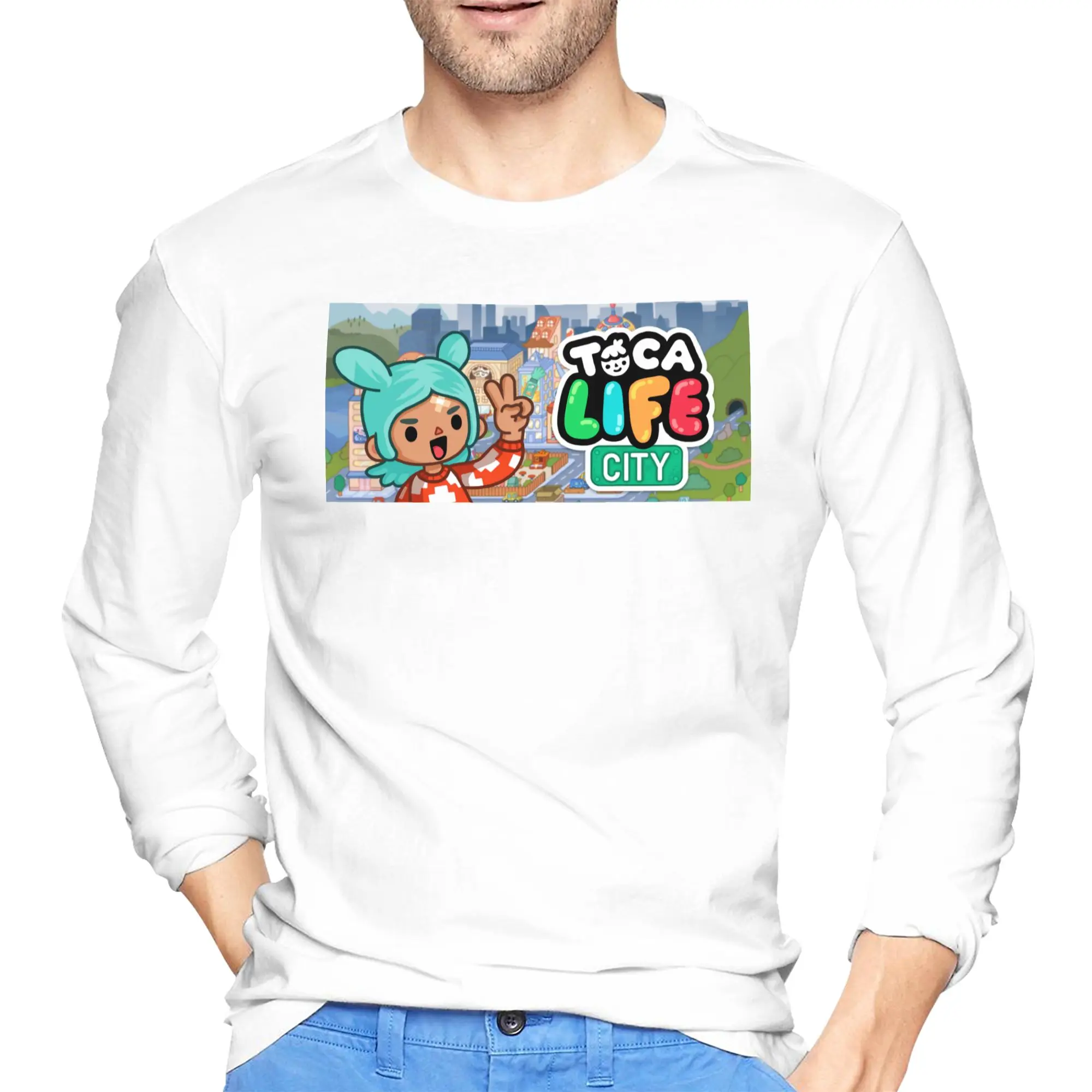 

Toca Life Box Toca Boca Cute Game Мужская футболка с длинными рукавами Модные футболки с круглым вырезом Весенние и осенние мужские топы