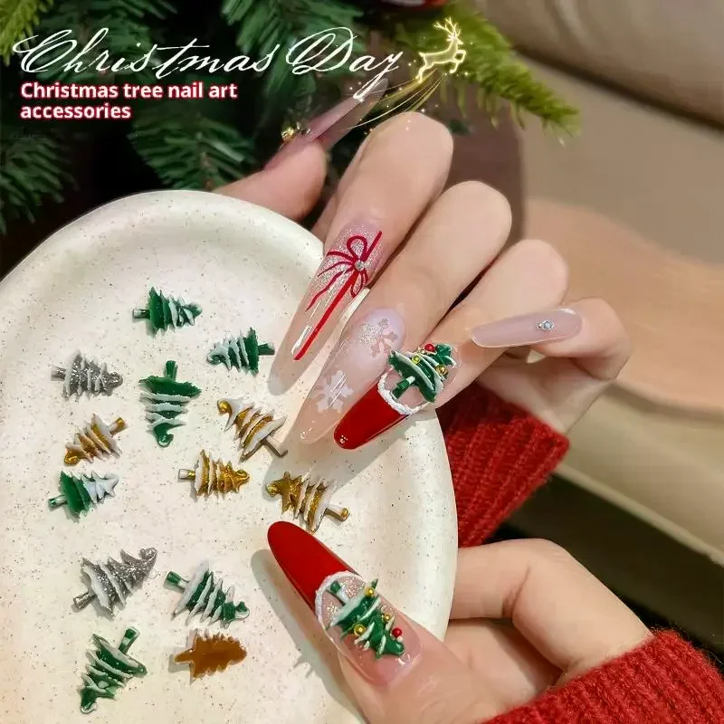 18/50Pcs Creative Gold Silver Christmas Tree Resin Nail Charms Resin Stereo Nail Art Decorations DIY Nails Accessories