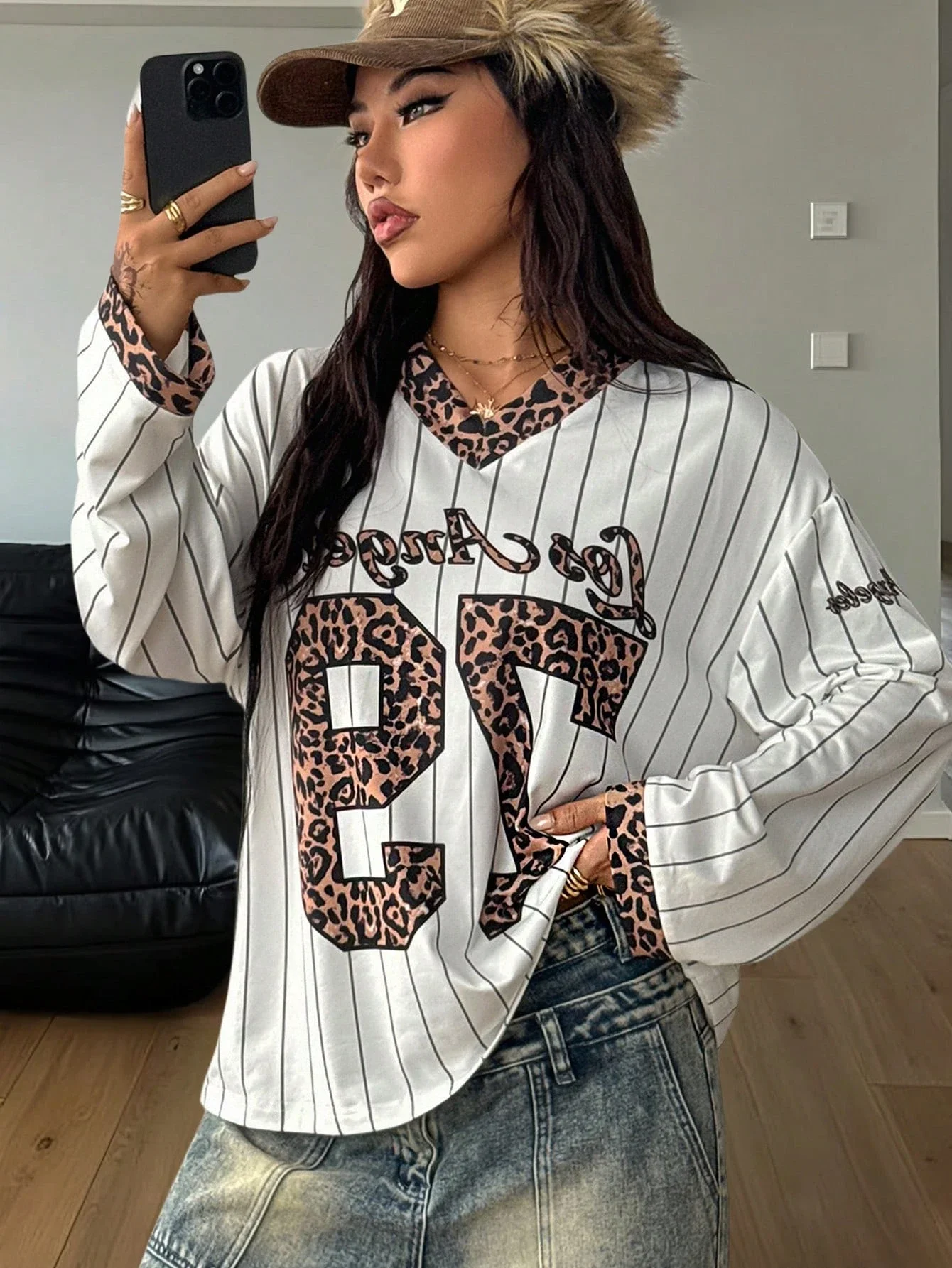 

Women Fall Streetwear Vintage Sport Y2K Casual Striped Leopard Print Alphabet Numeral Graphic Cheetah Long Sleeve Jersey T-Shirt