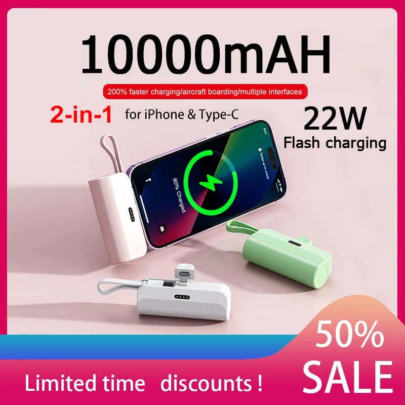 Mini Power Bank 10000mAh Portable Mobile Phone Charger External Battery Power Bank Plug Play Type-C For Samsung iPhone 16 15 14